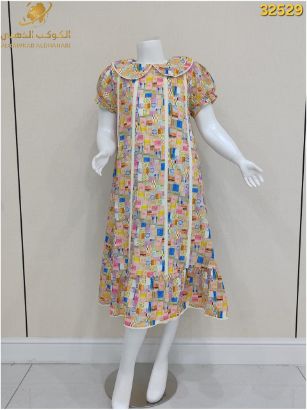 صورة فستان بناتي صيفي بطبعة ملونة وياقة مزخرفة – موديل 32529